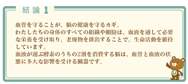 血管を守ることが、脳の健康を守るカギ。わたしたちの身体のすべての組織や細胞は、血液を通して必要な栄養を受け取り、老廃物を排出することで、生命活動を維持しています。血液が運ぶ酵素のうちの2割を消費する脳は、血管と血液の状態に多大な影響を受ける臓器です。